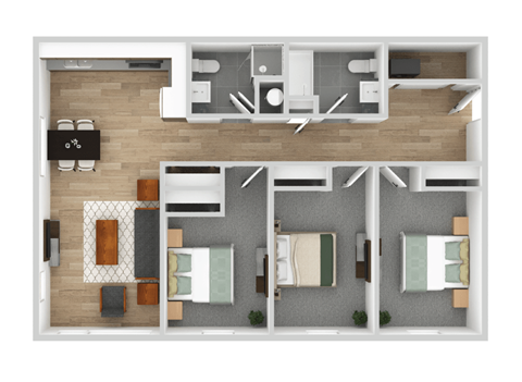 a 3d rendering of the 1 bedroom floor plan with roommates